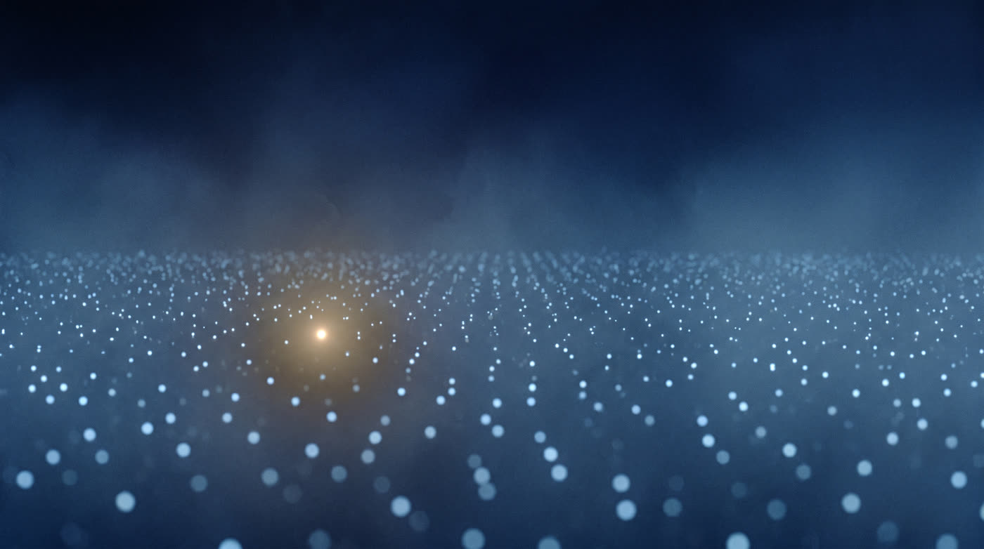 A wide field of small, evenly spaced cold blue points of light, with a single warmer brass point among them.