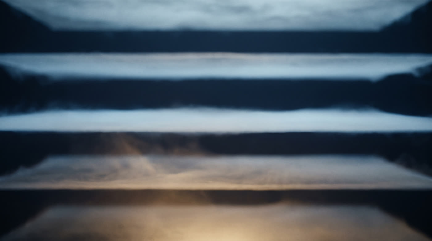 Horizontal sheets of luminous haze stacked one above another, the lower sheets lit warm from below while the upper sheets stay cold blue.