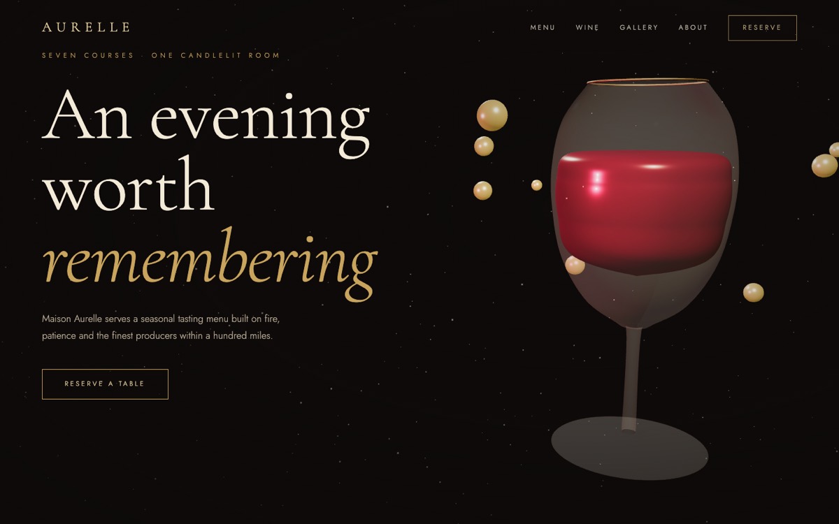 Maison Aurelle restaurant demo website: headline 'An evening worth remembering' beside a 3D wine glass