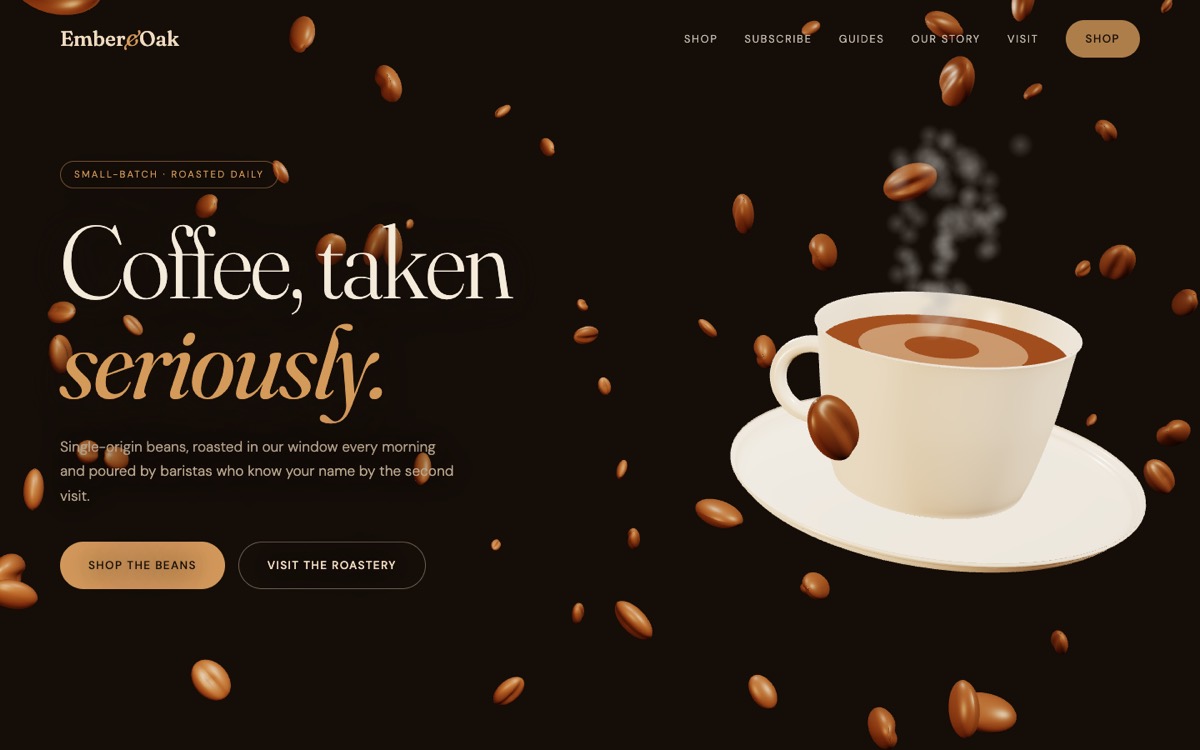 Ember and Oak coffee roastery demo website: headline 'Coffee, taken seriously' beside a 3D coffee cup