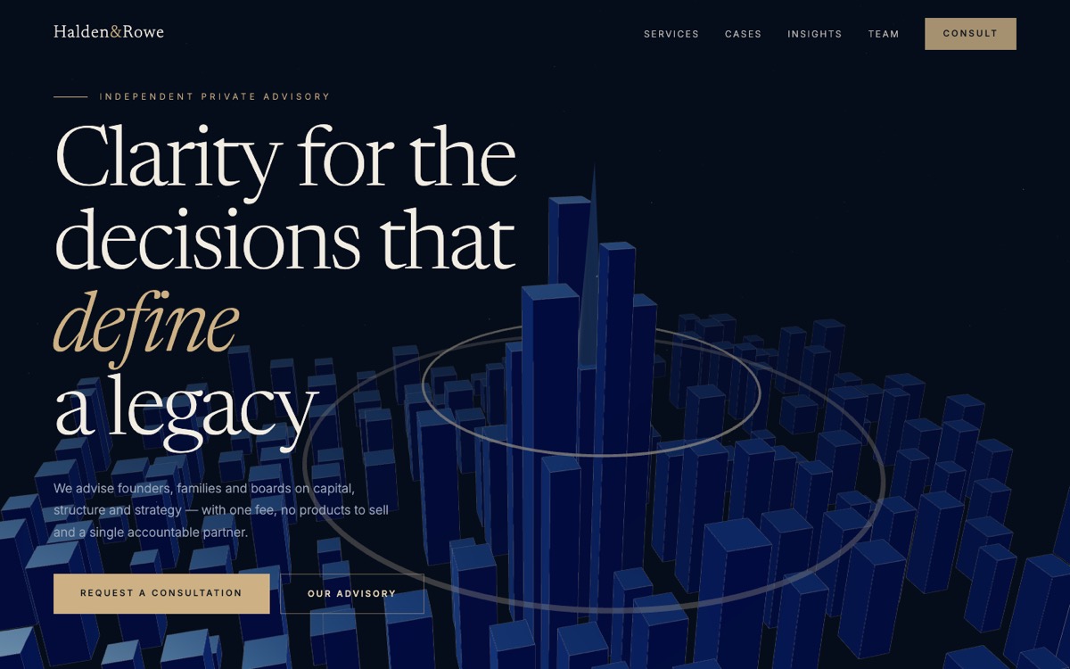 Halden and Rowe advisory firm demo website: headline 'Clarity for the decisions that define a legacy' over a 3D city