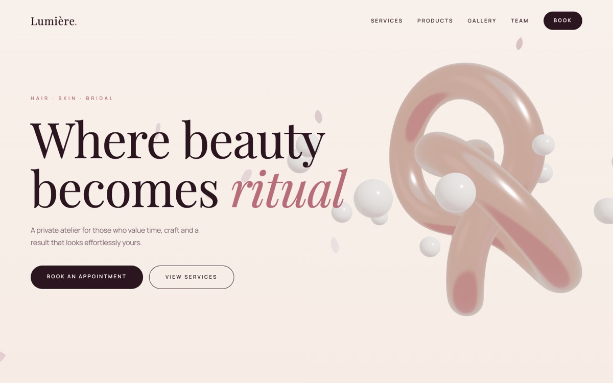 Lumiere Atelier beauty salon demo website: headline 'Where beauty becomes ritual' beside a rose-gold 3D shape