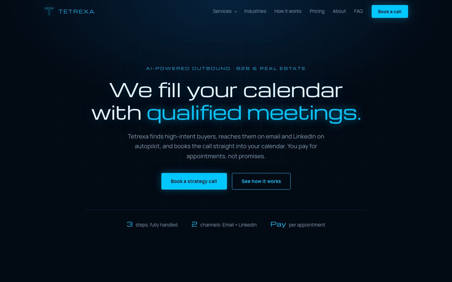 Tetrexa homepage on desktop: headline 'We fill your calendar with qualified meetings' with Book a strategy call button
